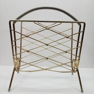 Vtg MCM ATOMIC Diamond Magazine Rack Holder Gold Brass Plate Wire Wrapped Handle